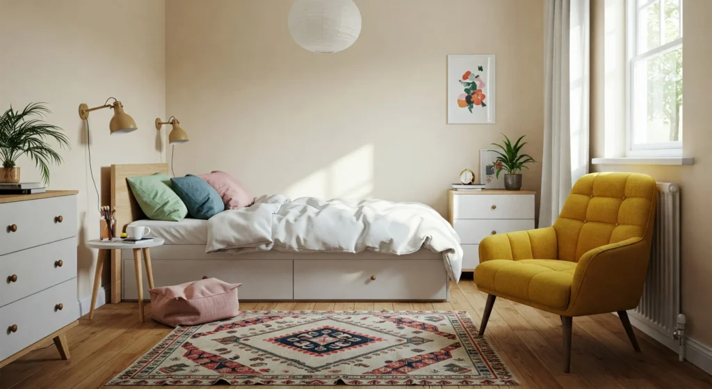 Quarto pequeno com tons neutros